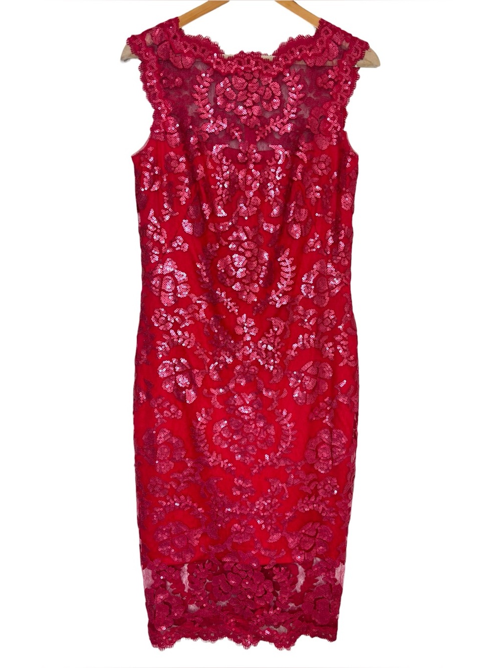 Tadashi Shoji semi formal dress illusion reddish hot pink sequin floral midi 8